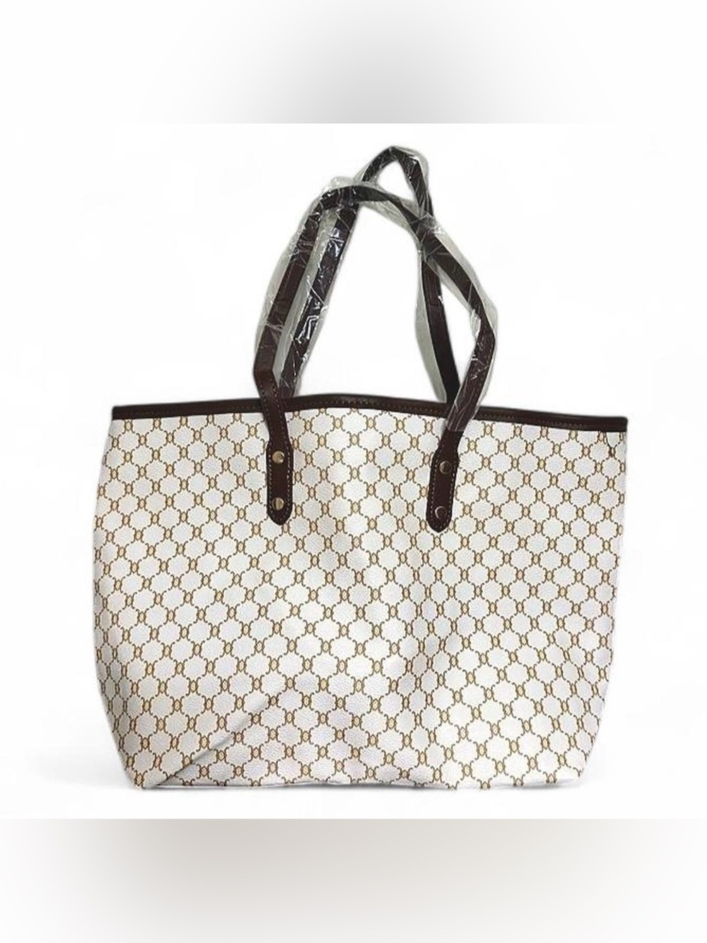 Designer-Style White & Brown Patterned Tote Bag